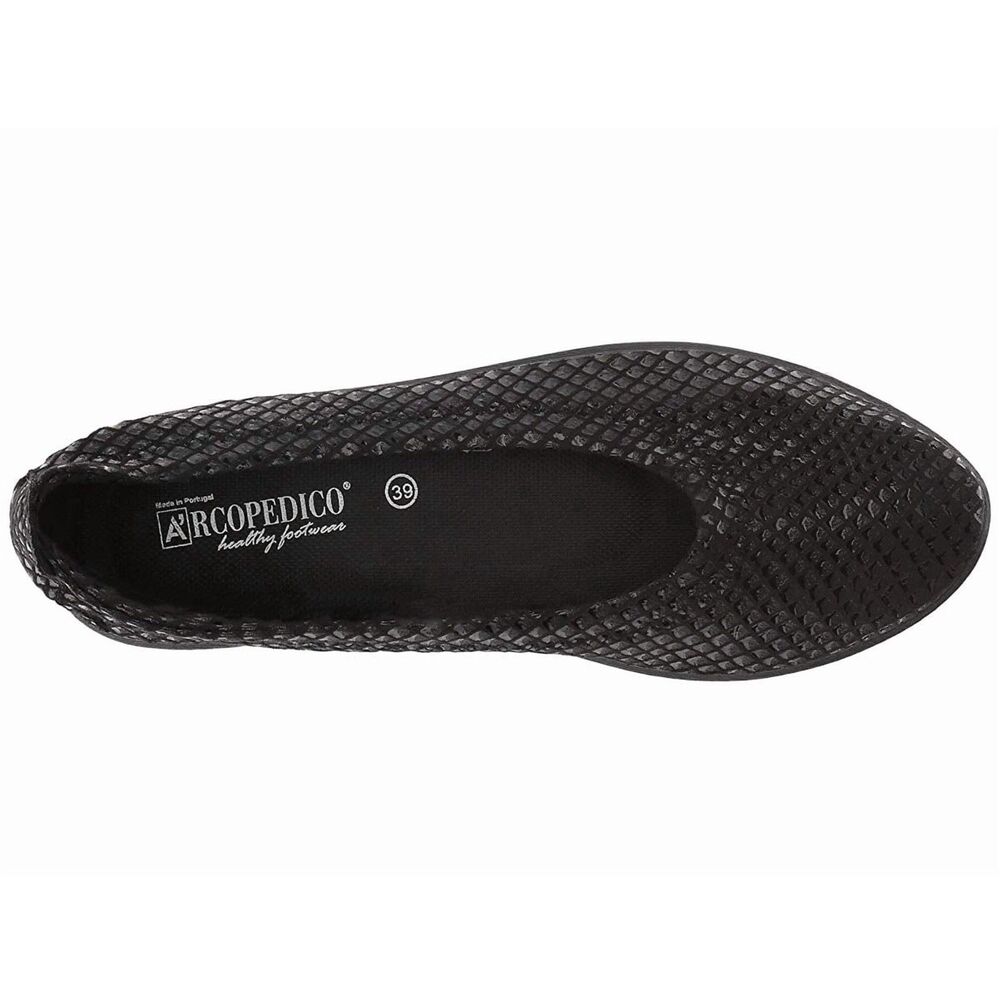 NEW Arcopedico Women L15 Black Shine Snakeskin Embossed Flat
